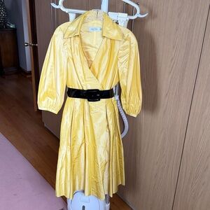Teri Jon Vibrant Yellow 100% Silk Dress/Coat with Pockets